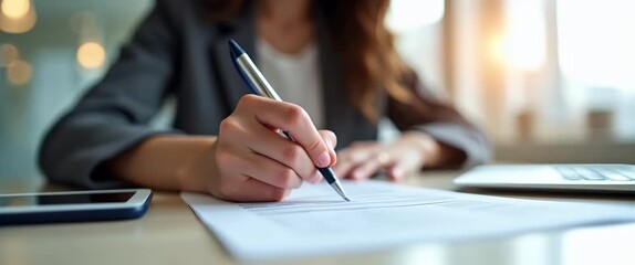 Focused professional writes with pen on paper at desk, as camera slowly pans across office with ambient light flickering, creating a cinematic and productive atmosphere.
