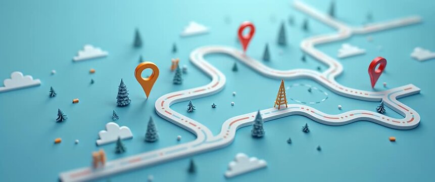 Miniature 3D map with colorful location pins gently rotates, camera slowly pans across, clouds drift in background; cinematic and playful, ideal for navigation or travel concepts.