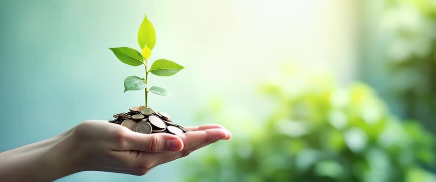 A small plant grows from a pile of coins in a hand, symbolizing financial growth; the camera pans slowly as sunlight flickers gently in a serene, cinematic style.