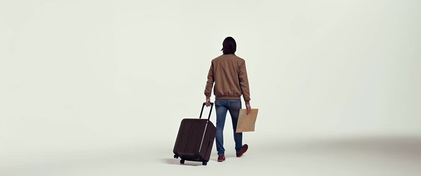 Traveler with suitcase and map walks forward in a minimalist, cinematic scene; camera gently pans, capturing the sense of exploration and journey with ambient light flickering softly.
