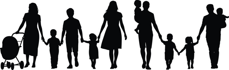 Family walking together, black silhouette illustration, parenting concept, children with adults, stroller scene, caregiving moment, unity in motion, outdoor bonding design