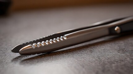 Close up shot of stainless steel kitchen tongs with serrated tips on a textured surface