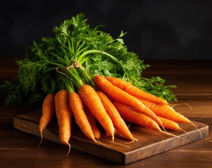 Fresh carrots with green tops on a wooden board