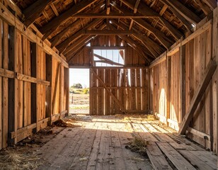 Fototapeta premium Interior of an Abandoned Barn with Wooden Beams and Natural Light