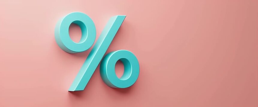 Modern 3D percentage symbol rotates slowly against a minimalist pink background in a cinematic style, with a gentle camera pan and soft ambient lighting, ideal for finance and marketing themes.