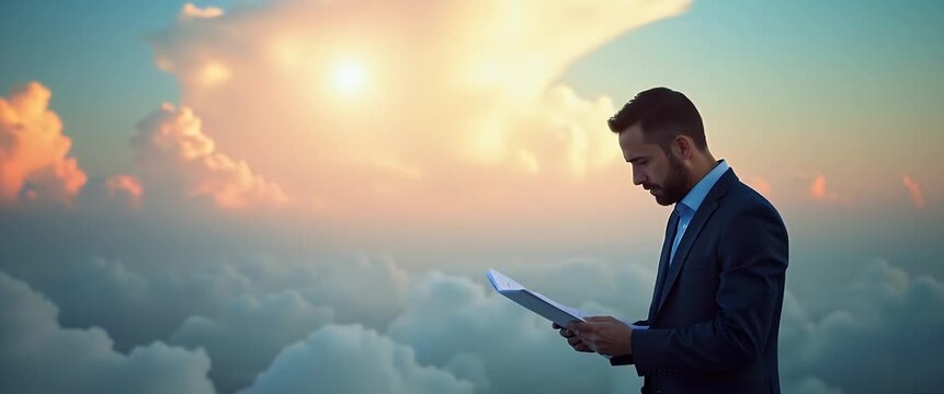 Business professional reads document against a stunning sunrise sky, with gentle clouds drifting and a slow cinematic pan, creating an inspirational and motivational atmosphere.