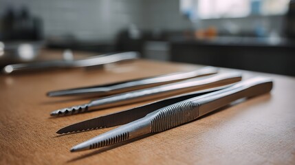 Precision metal tongs with serrated tips on a clean tabletop suitable for laboratory or culinary applications