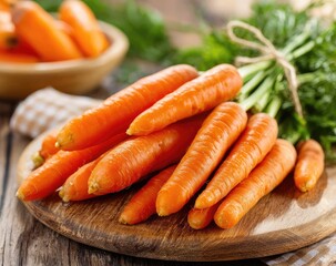 Fresh bunch of baby carrots on a wooden board