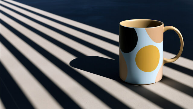 Minimalist coffee mug in sunlight casting graphic shadows symbolizing calm break