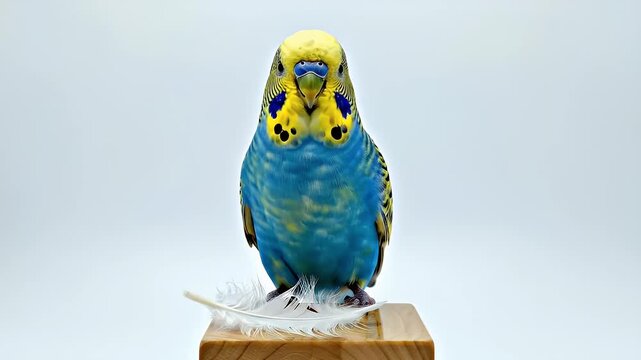 Beautiful Budgerigar Bird Perched on Wooden Block with Feather.