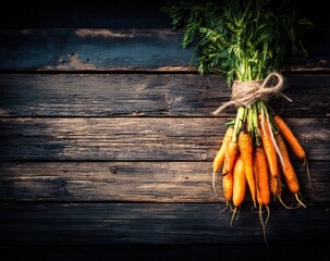Fresh carrots tied with twine on rustic wood