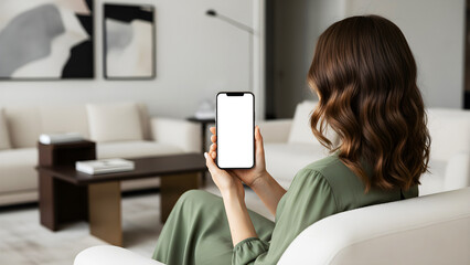 Hand holding mobile phone with blank white screen mockup in modern luxury living room interior, woman using smartphone for smart home tech and digital app interface design concept.
