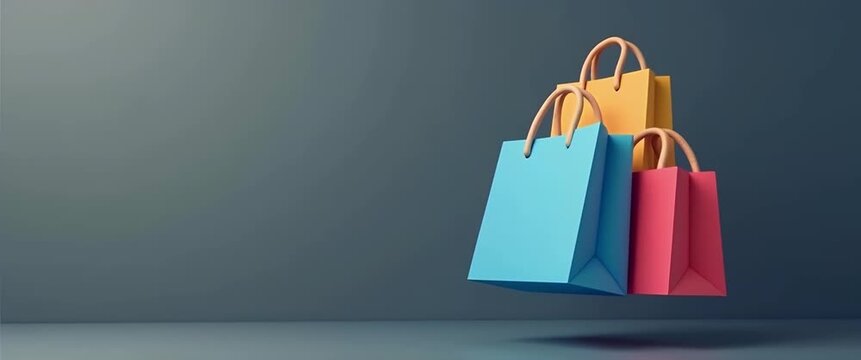 Colorful shopping bags gently sway in mid-air, captured in a slow cinematic pan, set against a minimalist background, enhancing the dynamic retail concept with ambient elegance.