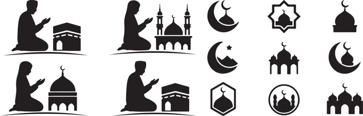 Obraz premium Collection of black silhouettes representing Islamic prayer, mosques, crescents, and religious symbols