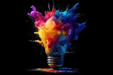 Colorful paint explosion surrounds a lightbulb