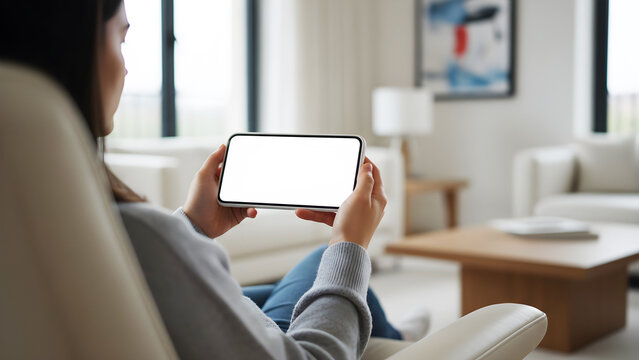 Hand holding mobile phone in landscape orientation with blank white screen mockup in modern bright living room, woman using device for video streaming, gaming and app interface design.
