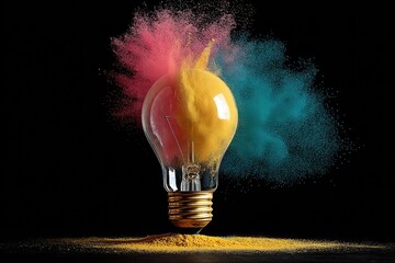 Exploding lightbulb with vibrant colored powder