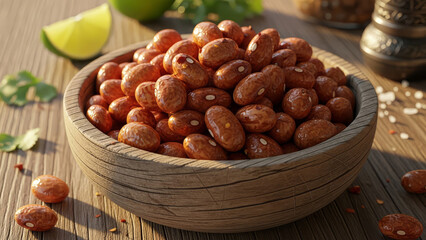 A wooden bowl filled with roasted almonds placed on a wooden table surrounded by spices and lime