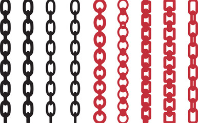 Multiple vertical strands of black and red metal chains in different link styles on a white backdrop