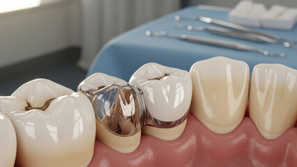 Dental examination with prosthetic tooth on model in dental clinic