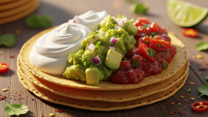 A close-up view of a Mexican dish featuring a stack of tortillas topped with sour cream, guacamole, and salsa on a wooden table.