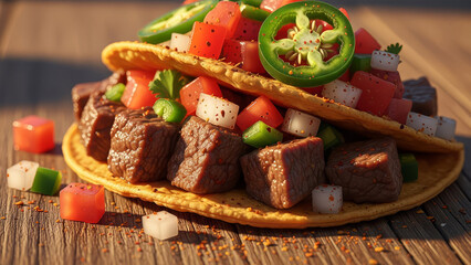 Tacos with grilled meat and fresh vegetables on a wooden table viewed from the side