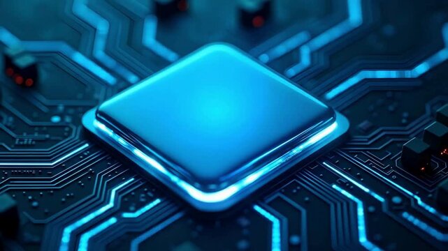 Glowing digital processor chip animation video on modern circuit board, advanced semiconductor computing technology, high speed data processing and futuristic electronics background