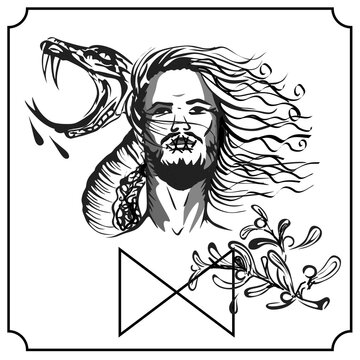 Minimalistic black and white sketch of the Norse god Loki, the Dagaz rune, and a snake.