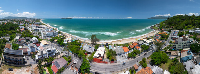 Aerial panorama of the coastline of the island of Santa Catarina. Florianopolis, Brazil