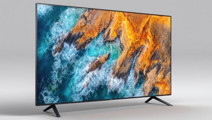 Flat-screen TV with vibrant display of ocean and rock formations