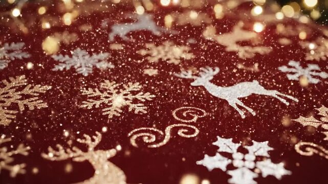 Festive red background with reindeer and snowflake patterns