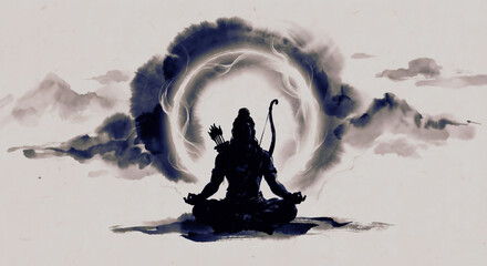 Meditating Lord Rama illustration in minimalist ink style, spiritual art