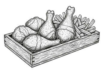 Fried chicken drumsticks and french fries in wooden box vector line art, hand drawn fast food combo meal.