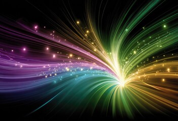 Abstract vibrant burst radiating from a central point, with streaks of color and sparkling particles