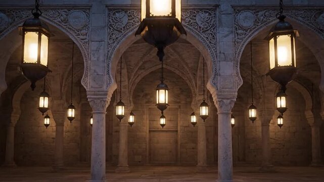 Ancient Islamic Hall Illuminated by Traditional Hanging Lanterns, Featuring Intricate Stone Arches and Historical Moorish Architecture at Night.