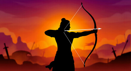Silhouette of archer aiming bow at sunset, epic spiritual illustration