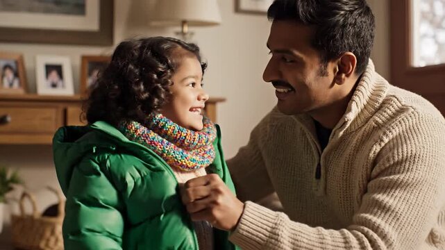 A Father and Daughter's Cozy Moment: Zipping Up in the Warmth of Love and Care