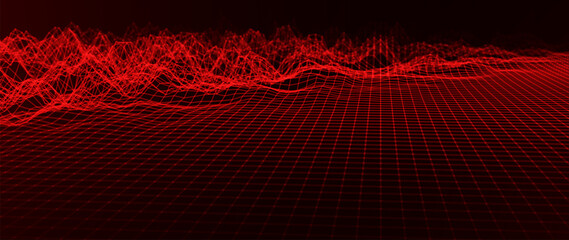 Red Glowing Cyber Wireframe Grid Background With Laser Lines. Retro Futuristic Perspective Game Backdrop For Posters, Banners, Wallpapers. Vector Illustration.