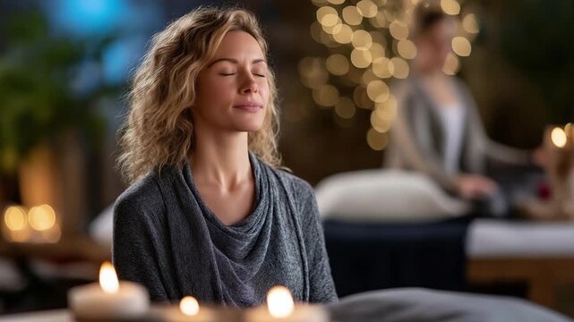 Mindfulness meditation scene in therapy setting Person sitting peacefully with eyes closed surrounded by calm