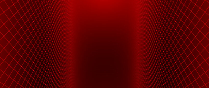 Red Glowing Cyber Wireframe Grid Background With Laser Lines. Retro Futuristic Perspective Game Backdrop For Posters, Banners, Wallpapers. Vector Illustration.