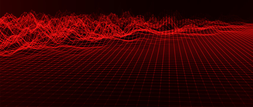Red Glowing Cyber Wireframe Grid Background With Laser Lines. Retro Futuristic Perspective Game Backdrop For Posters, Banners, Wallpapers. Vector Illustration.
