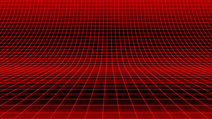 Red Glowing Cyber Wireframe Grid Background With Laser Lines. Retro Futuristic Perspective Game Backdrop For Posters, Banners, Wallpapers. Vector Illustration. © ec0de