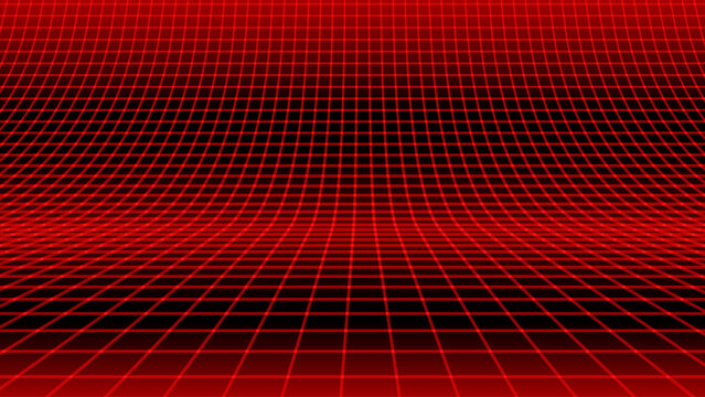 Red Glowing Cyber Wireframe Grid Background With Laser Lines. Retro Futuristic Perspective Game Backdrop For Posters, Banners, Wallpapers. Vector Illustration.