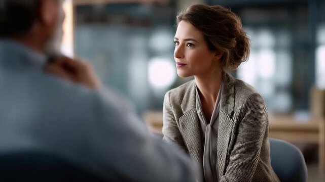 Professional psychologist sitting across from a client in a confidential therapy session Both figures shown fro