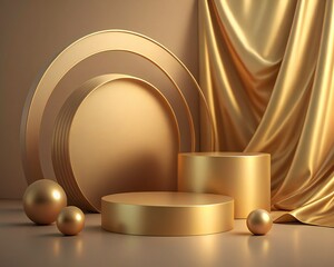 Luxury gold satin background with metallic cylinders and spheres