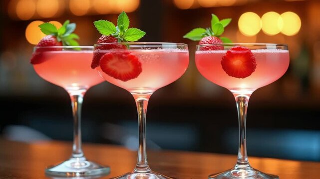 Three pink strawberry cocktails with mint garnish on a bar counter. Elegant drinks in coupe glasses with a blurred bokeh background. Celebration and nightlife concept