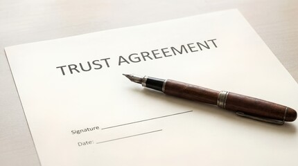 Trust agreement document with a fountain pen on a wooden desk. Legal contract for estate planning and inheritance. Concept of financial security and law