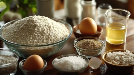 Fototapeta premium Ingredients rest on a wooden table, ready for baking a delicious treat under warm light