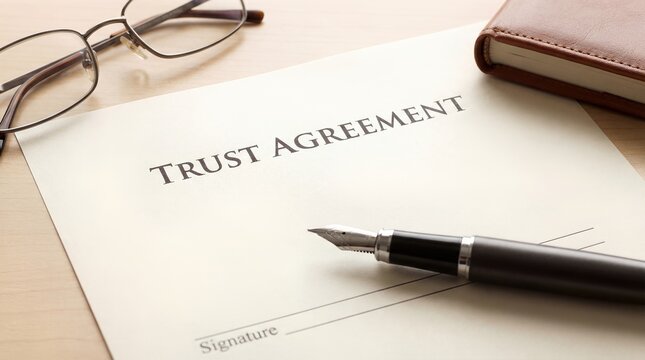 Trust Agreement document on wooden desk with fountain pen and glasses. Legal estate planning concept ready for signature