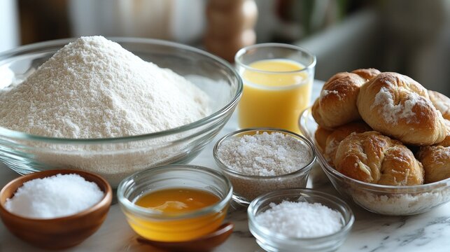 Flour, sugars, salt, and fresh pastries displayed in a warm kitchen awaiting baking magic
